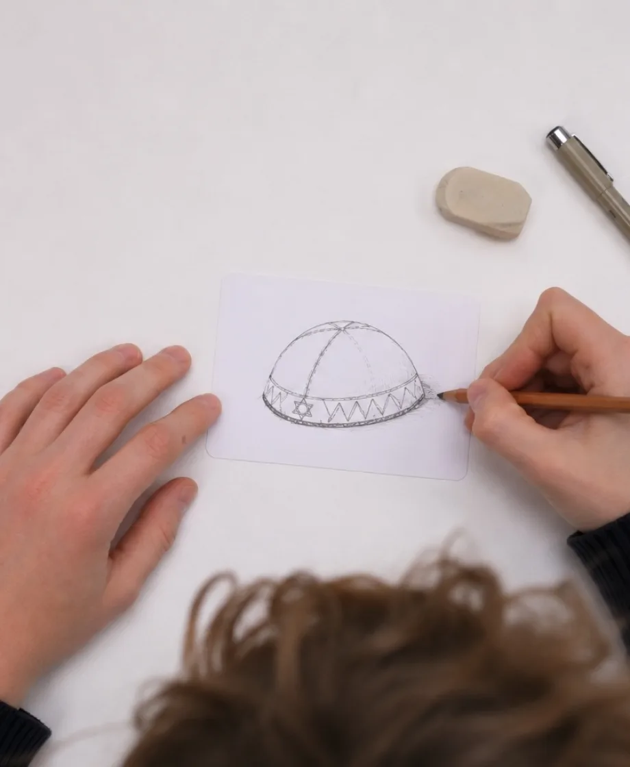 Eine Person zeichnet mit Bleistift eine Kippa mit Davidstern auf eine weiße Karte, daneben Radiergummi und Stifte.