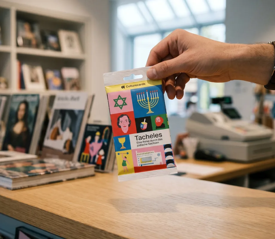 Eine Hand hält ein Tacheles-Kartenset in Folienverpackung über die Theke eines Museumsshops, dahinter Kunstbücher und eine Kasse.
