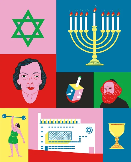 Cover-Illustration der Edition Tacheles mit Davidstern, Chanukkia, Dreidel, zwei Porträts, einer Gewichtheberin, einem Gebäude und einem Kelch.