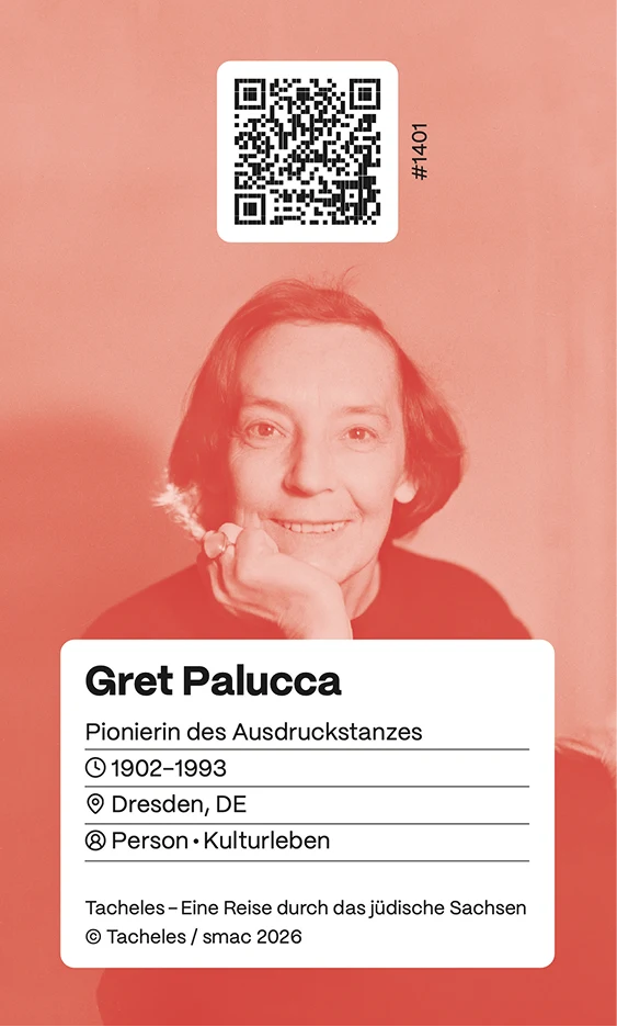 Rückseite der Karte Gret Palucca mit QR-Code und Steckbrief: Pionierin des Ausdruckstanzes, 1902–1993, Dresden.